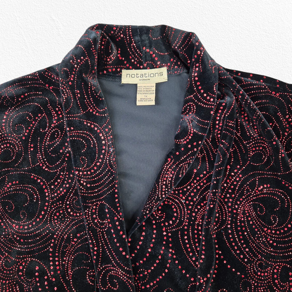 Y2K Notations Black Red Glitter Swirl Velvet Open Front Blazer Jacket Size 1X - Picture 2 of 7